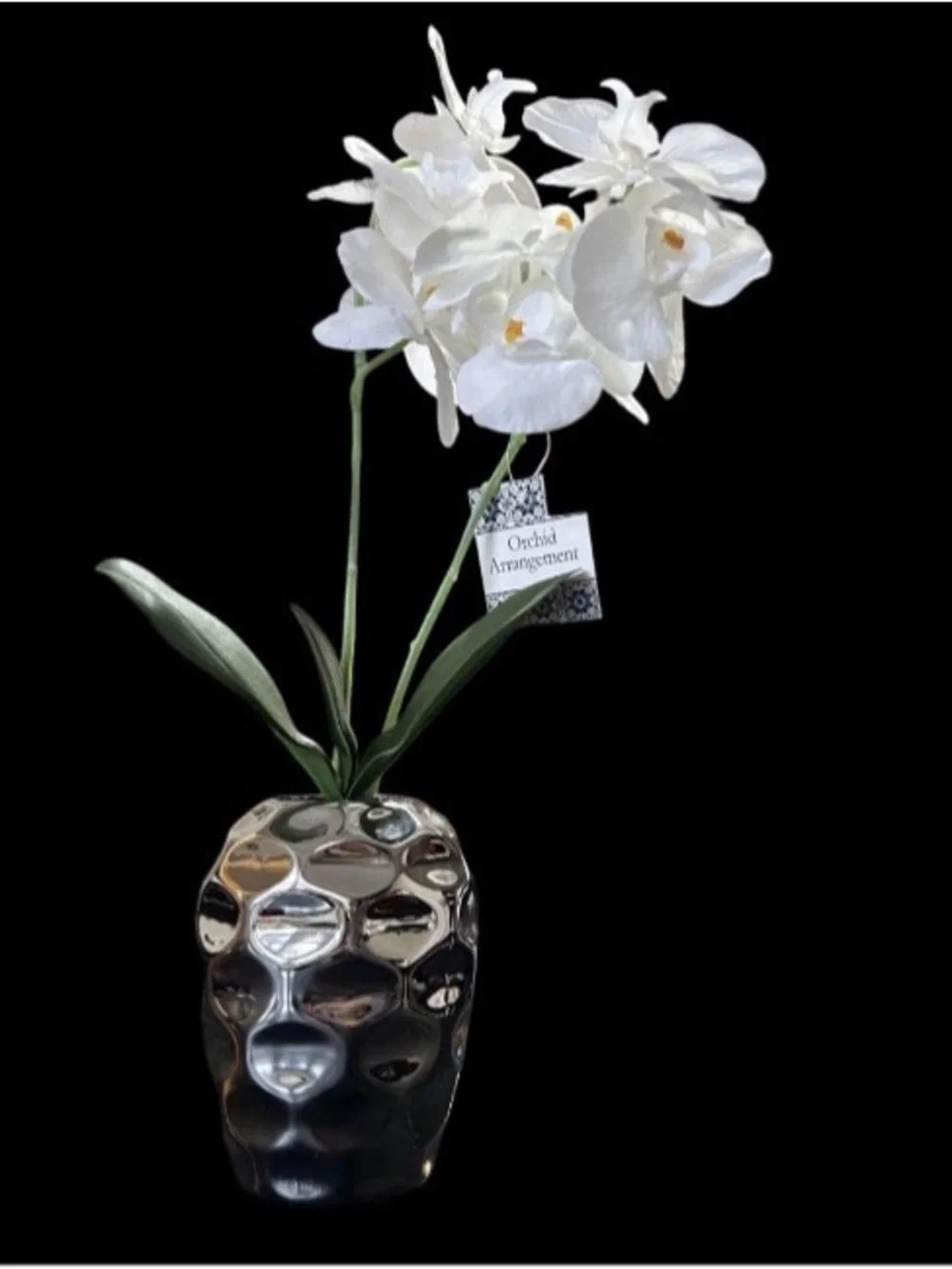 Orchid Floral Plant In Silver Metallic Vase 17” Table Art Modern Home Decor New